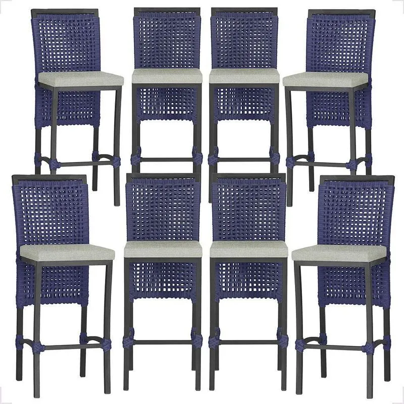 8 Banqueta Em Alumínio Roma Preta Corda Náutica Tecido 3 Azul