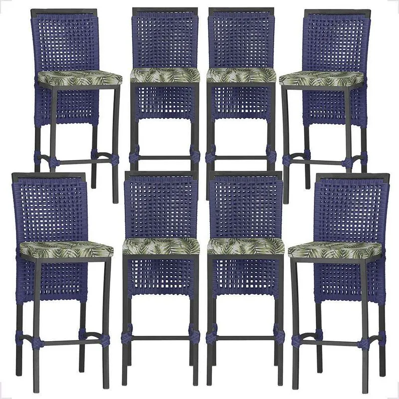 8 Banqueta Em Alumínio Roma Preta Corda Náutica Tecido 5 Azul