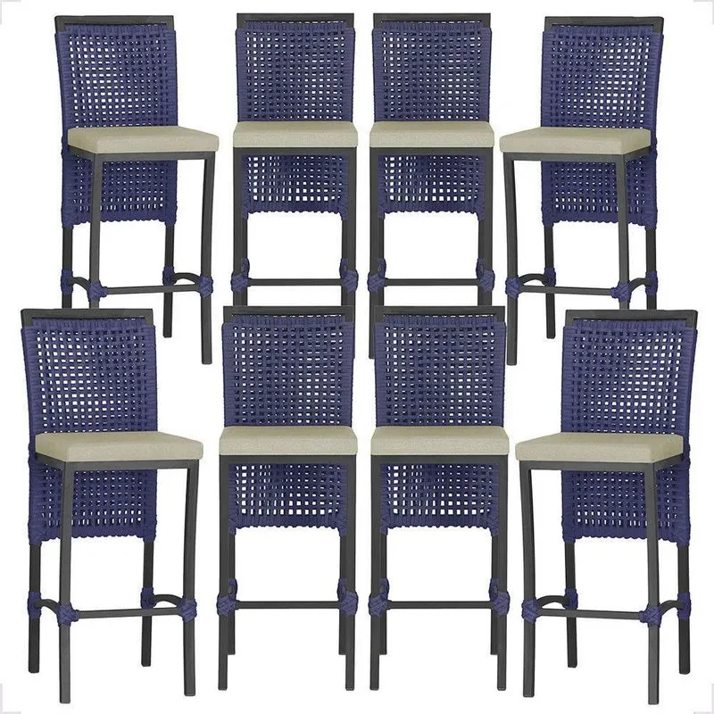 8 Banquetas Em Alumínio Roma Preta Corda Náutica Tecido 7 Azul