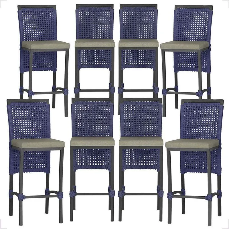 8 Banquetas Em Alumínio Roma Preta Corda Náutica Tecido 8 Azul