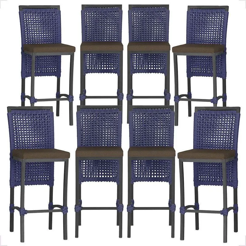 8 Banquetas Em Alumínio Roma Preta Corda Náutica Tecido 9 Azul