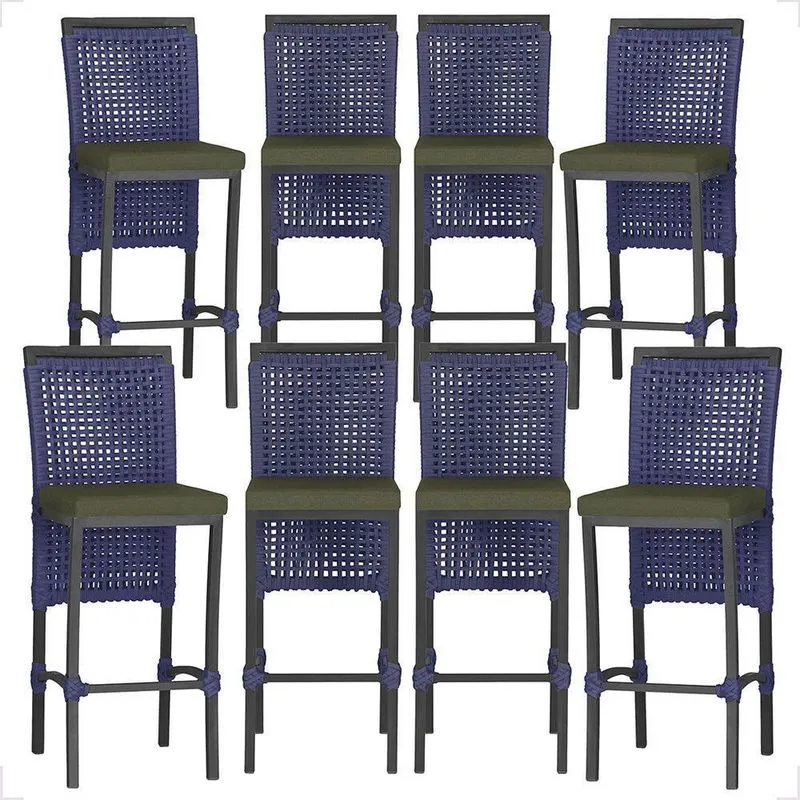 8 Banquetas Em Alumínio Roma Preta Corda Náutica Tecido 13 Azul