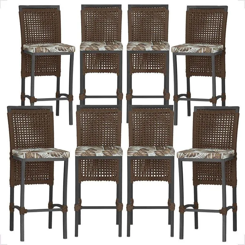 8 Banquetas Em Alumínio Roma Preta Corda Náutica Tecido 6 Marrom