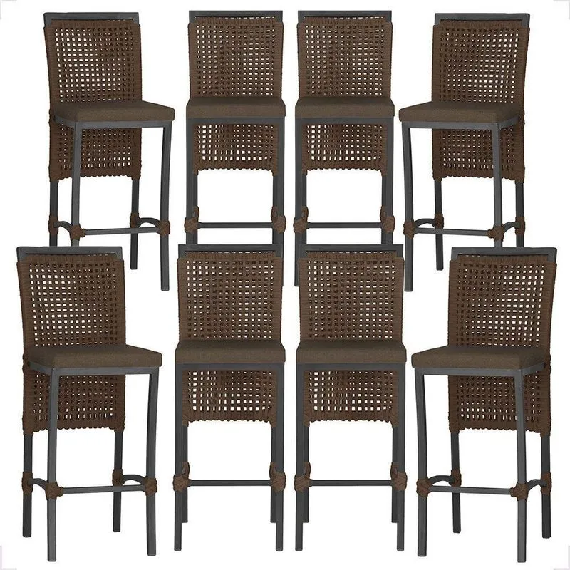 8 Banquetas Em Alumínio Roma Preta Corda Náutica Tecido 9 Marrom