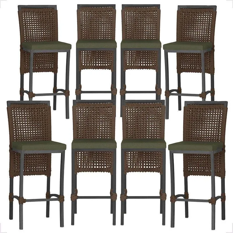 8 Banquetas Em Alumínio Roma Preta Corda Náutica Tecido 13 Marrom