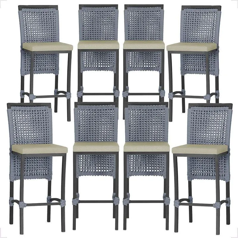 8 Banquetas Em Alumínio Roma Preta Corda Náutica Tecido 7 Prata