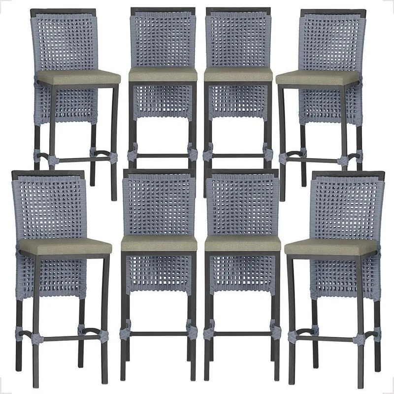 8 Banquetas Em Alumínio Roma Preta Corda Náutica Tecido 8 Prata