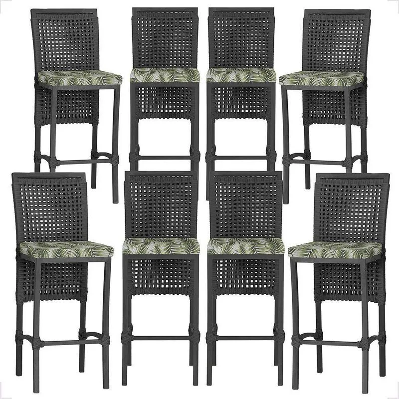 8 Banqueta Em Alumínio Roma Preta Corda Náutica Tecido 5 Preto
