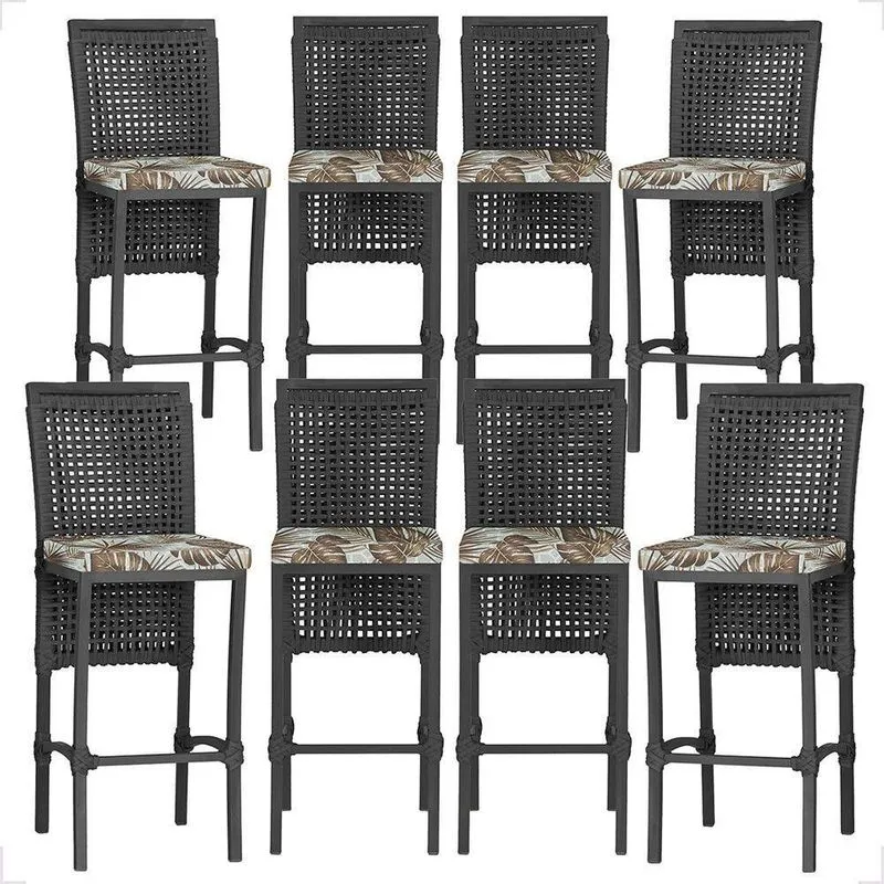 8 Banquetas Em Alumínio Roma Preta Corda Náutica Tecido 6 Preto