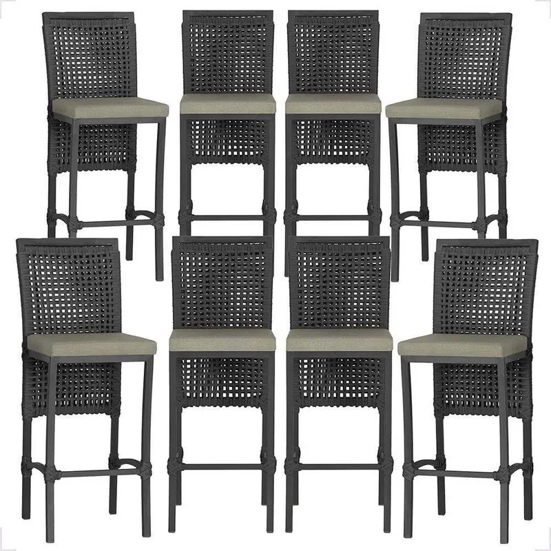 8 Banquetas Em Alumínio Roma Preta Corda Náutica Tecido 8 Preto
