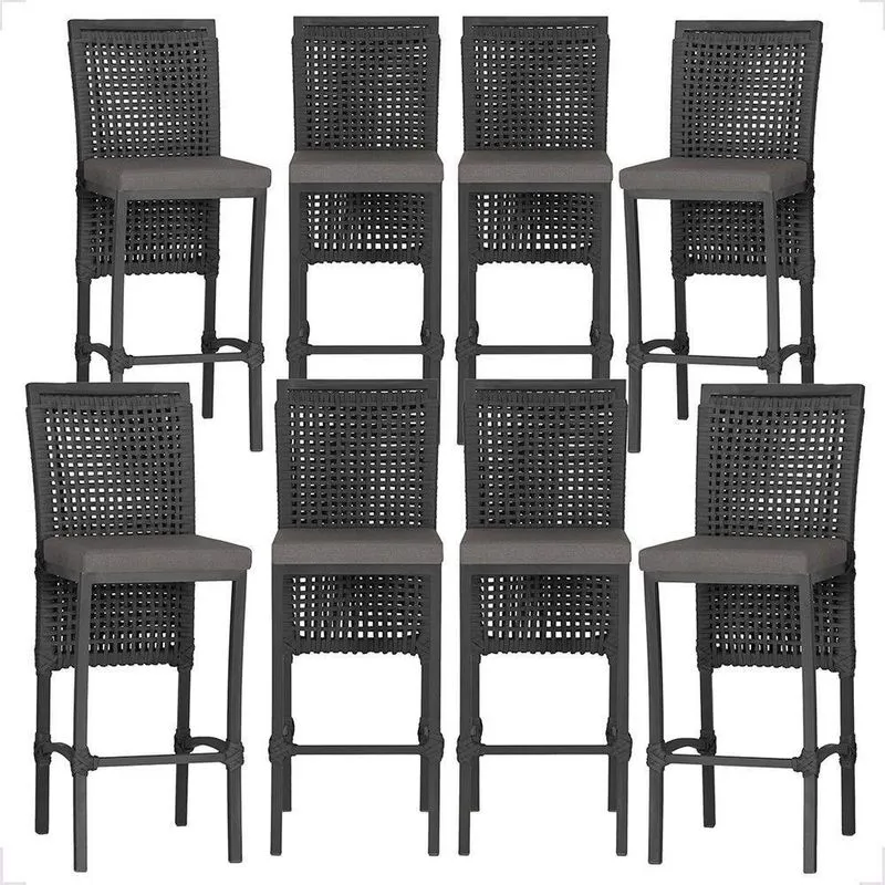 8 Banquetas Em Alumínio Roma Preta Corda Náutica Tecido 11 Preto