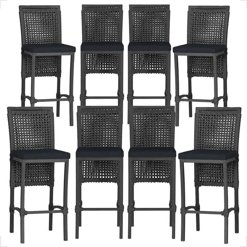 8 Banquetas Em Alumínio Roma Preta Corda Náutica Tecido 12 Preto