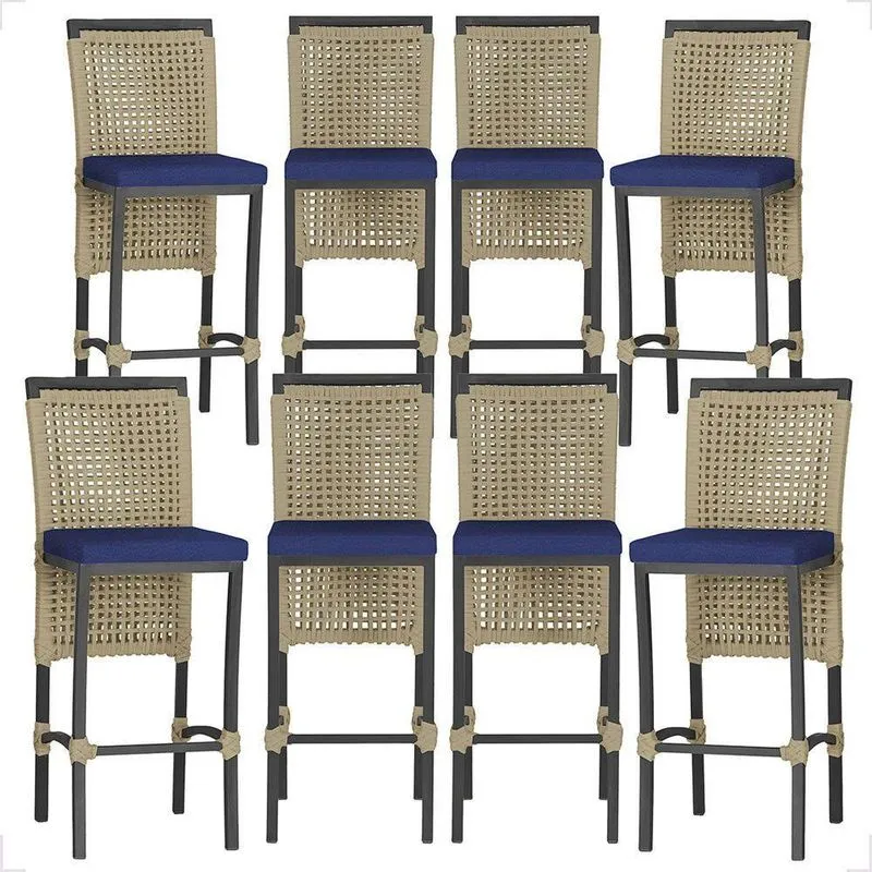8 Banquetas Em Alumínio Roma Preta Corda Náutica Tecido 10 Rami
