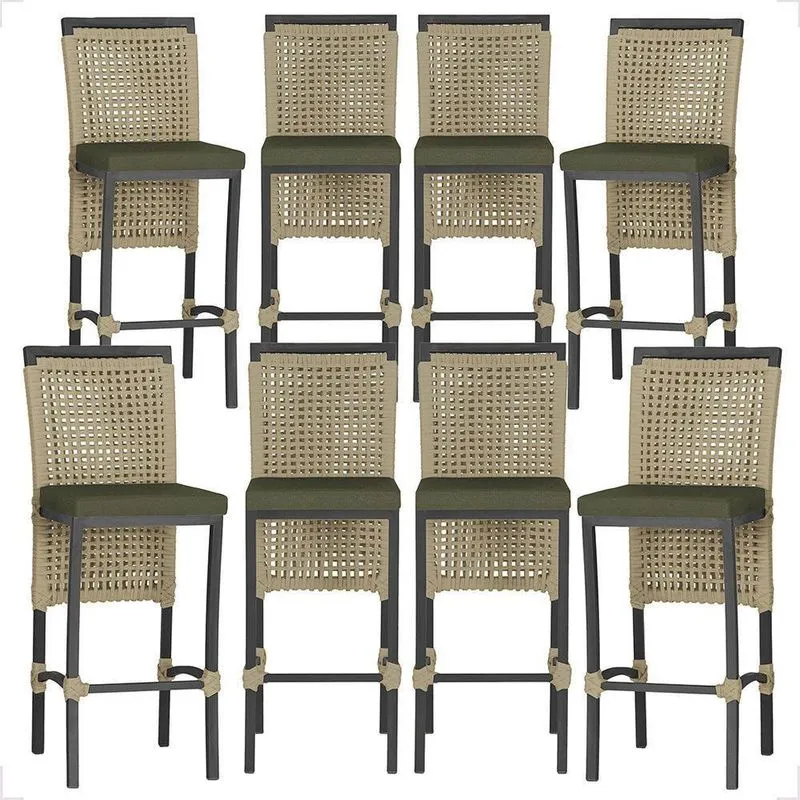 8 Banquetas Em Alumínio Roma Preta Corda Náutica Tecido 13 Rami