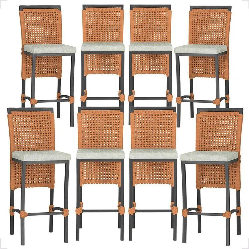 8 Banqueta Em Alumínio Roma Preta Corda Náutica Tecido 3 Terra Cota