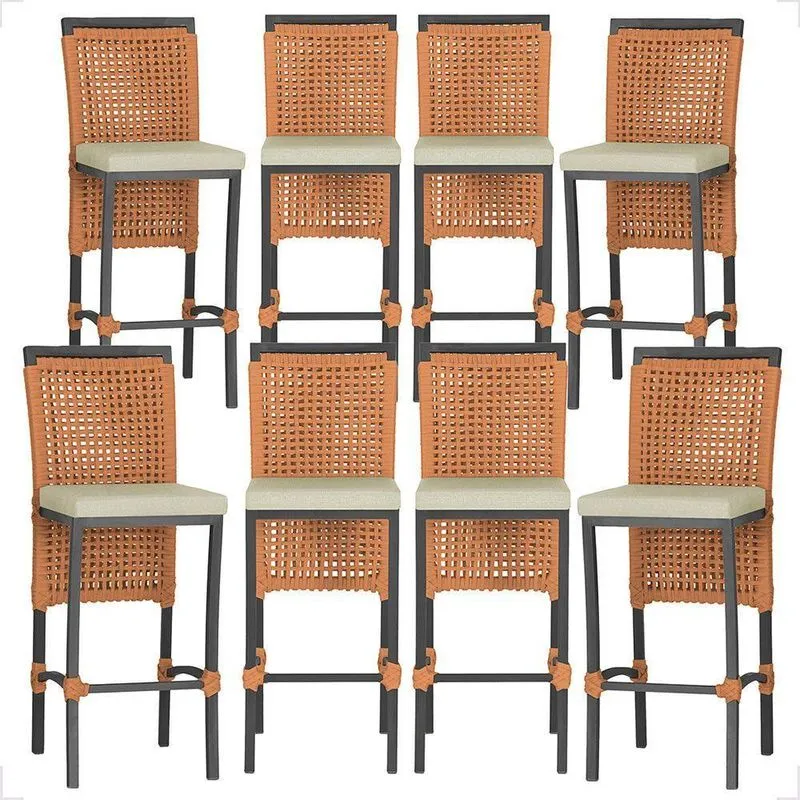 8 Banquetas Em Alumínio Roma Preta Corda Náutica Tecido 7 Terra Cota