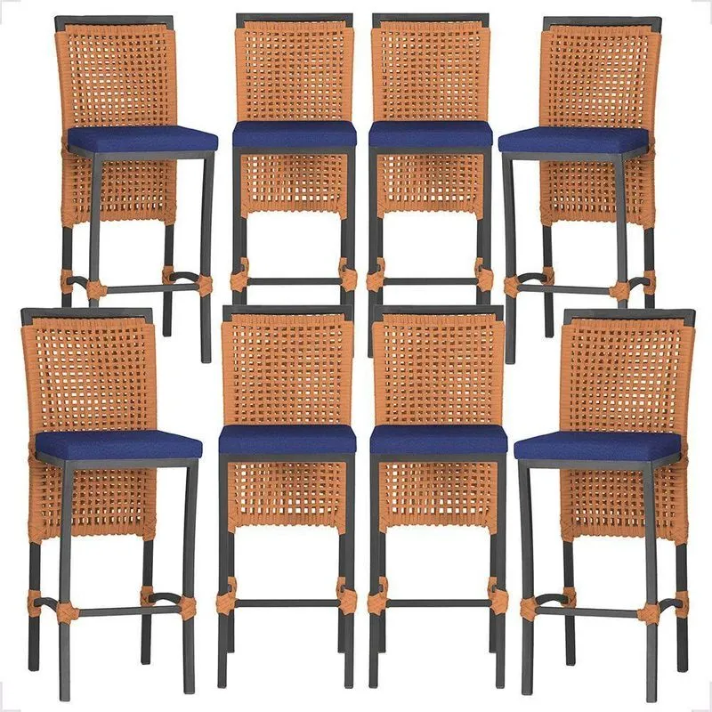 8 Banquetas Em Alumínio Roma Preta Corda Náutica Tecido 10 Terra Cota