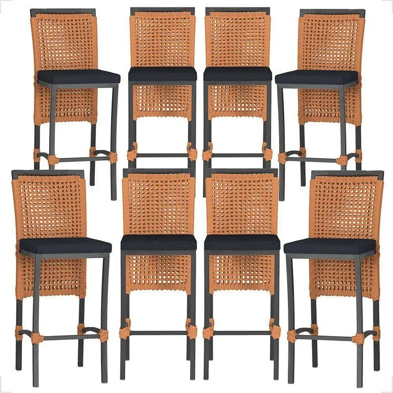 8 Banquetas Em Alumínio Roma Preta Corda Náutica Tecido 12 Terra Cota
