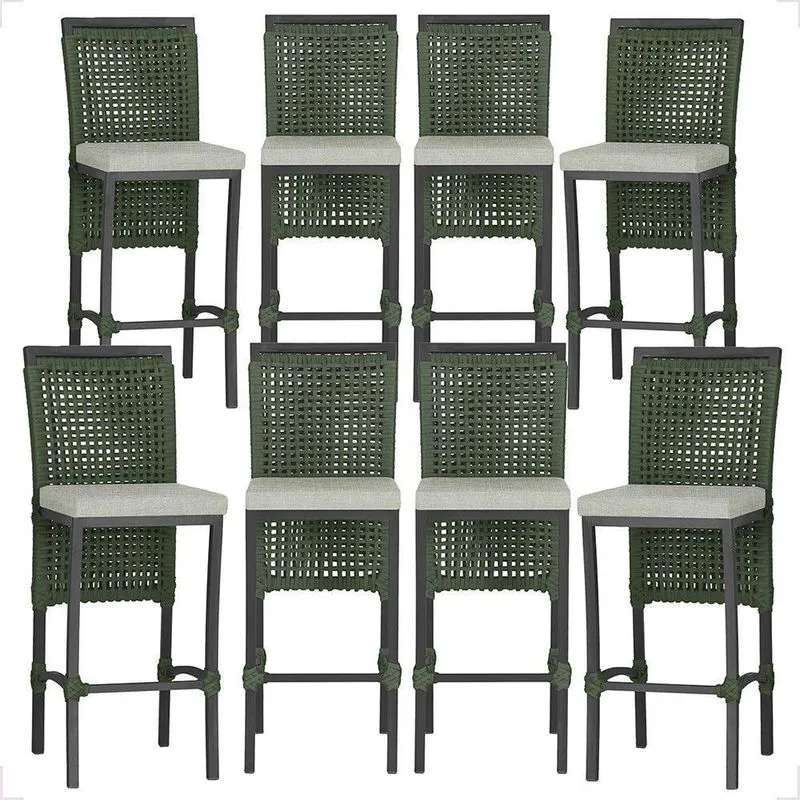 8 Banqueta Em Alumínio Roma Preta Corda Náutica Tecido 3 Verde