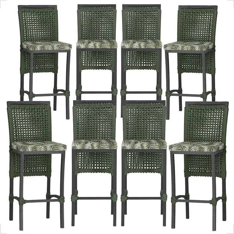 8 Banqueta Em Alumínio Roma Preta Corda Náutica Tecido 5 Verde