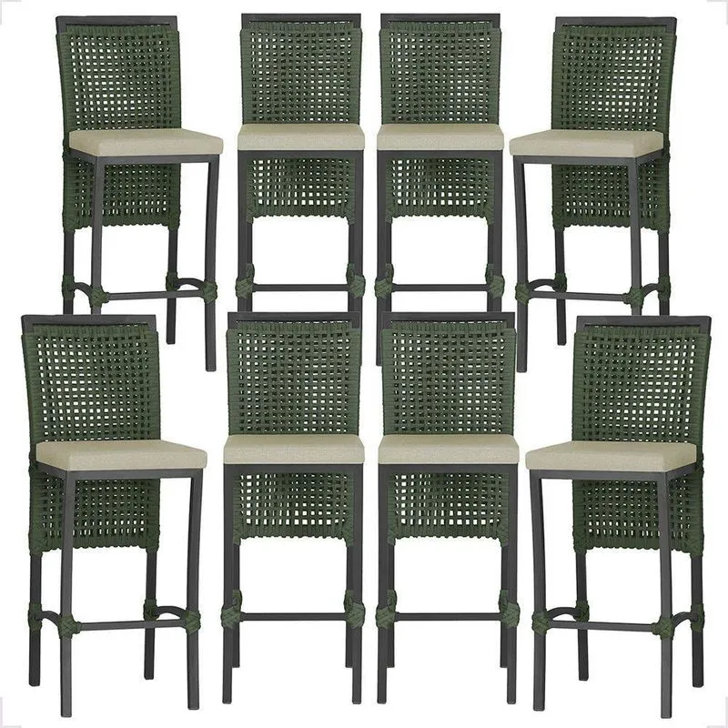 8 Banquetas Em Alumínio Roma Preta Corda Náutica Tecido 7 Verde