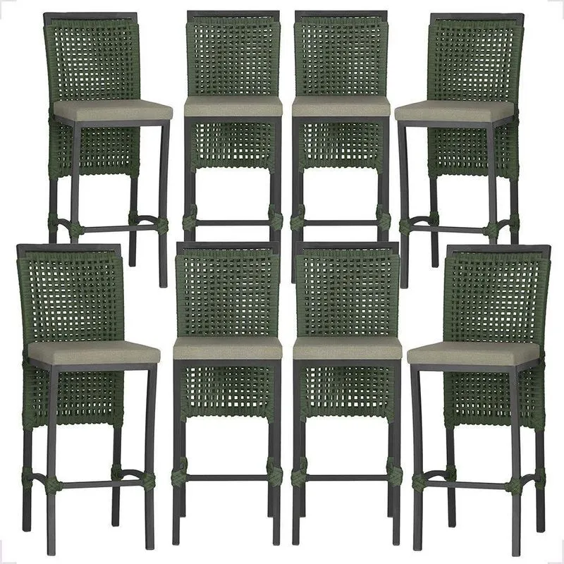 8 Banquetas Em Alumínio Roma Preta Corda Náutica Tecido 8 Verde