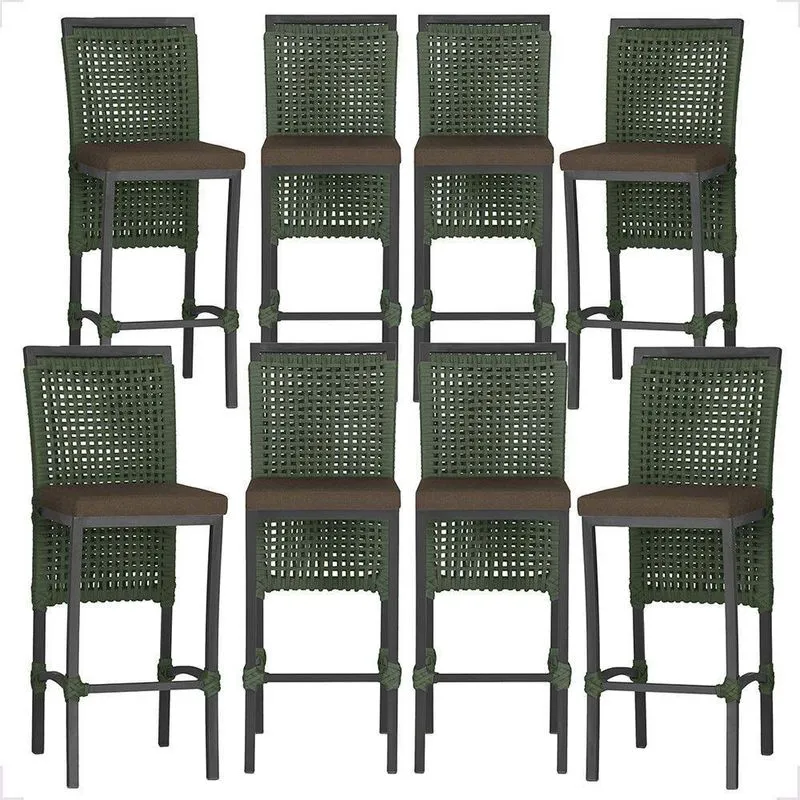8 Banquetas Em Alumínio Roma Preta Corda Náutica Tecido 9 Verde