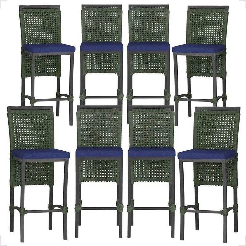 8 Banquetas Em Alumínio Roma Preta Corda Náutica Tecido 10 Verde