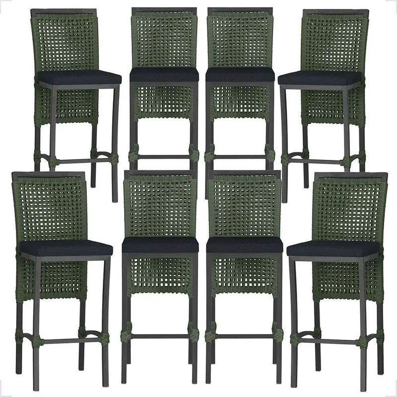 8 Banquetas Em Alumínio Roma Preta Corda Náutica Tecido 12 Verde