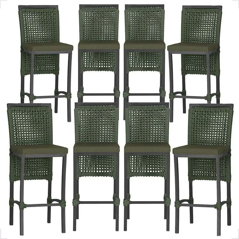 8 Banquetas Em Alumínio Roma Preta Corda Náutica Tecido 13 Verde