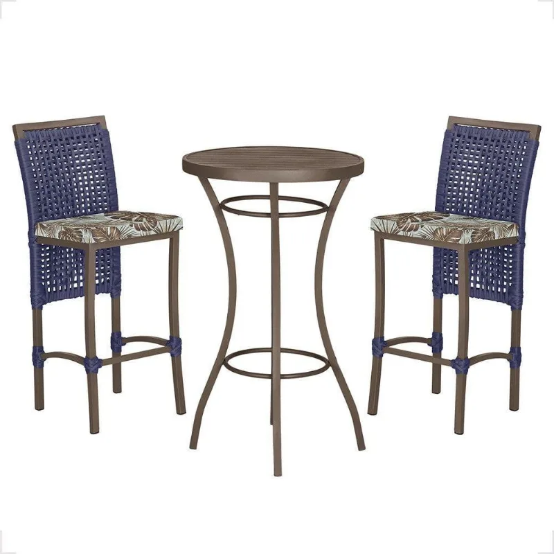 Mesa Bistrô E 2 Banquetas Roma Marrom Corda Estofado Trama Azul