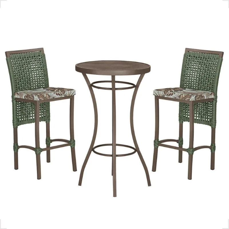 Mesa Bistrô E 2 Banquetas Roma Marrom Corda Estofado Trama Verde