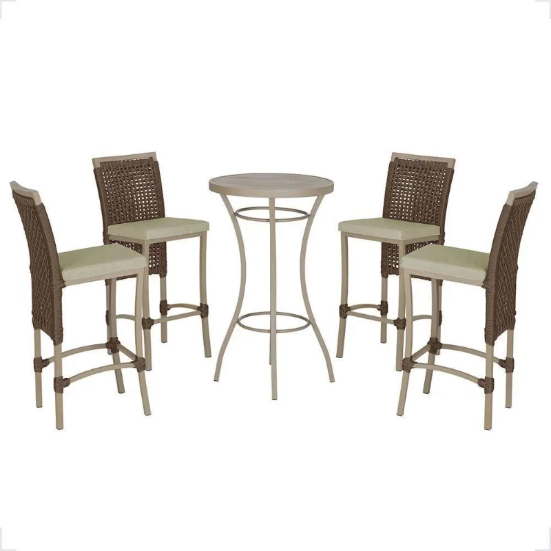 Mesa Bistrô E 4 Banquetas Roma Fendi Corda Estofado 7 Trama Marrom - Trama