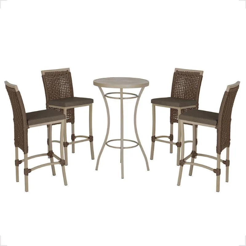 Mesa Bistrô E 4 Banquetas Roma Fendi Corda Estofado 9 Trama Marrom - Trama