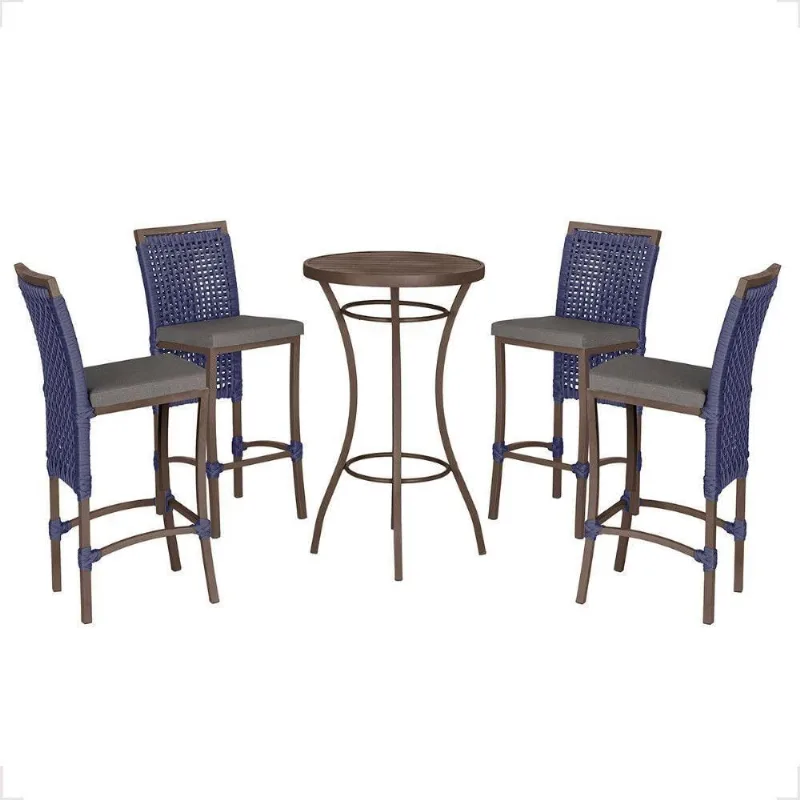 Mesa Bistro E 4 Banquetas Roma Marrom Corda Náutica 11 Azul - Trama