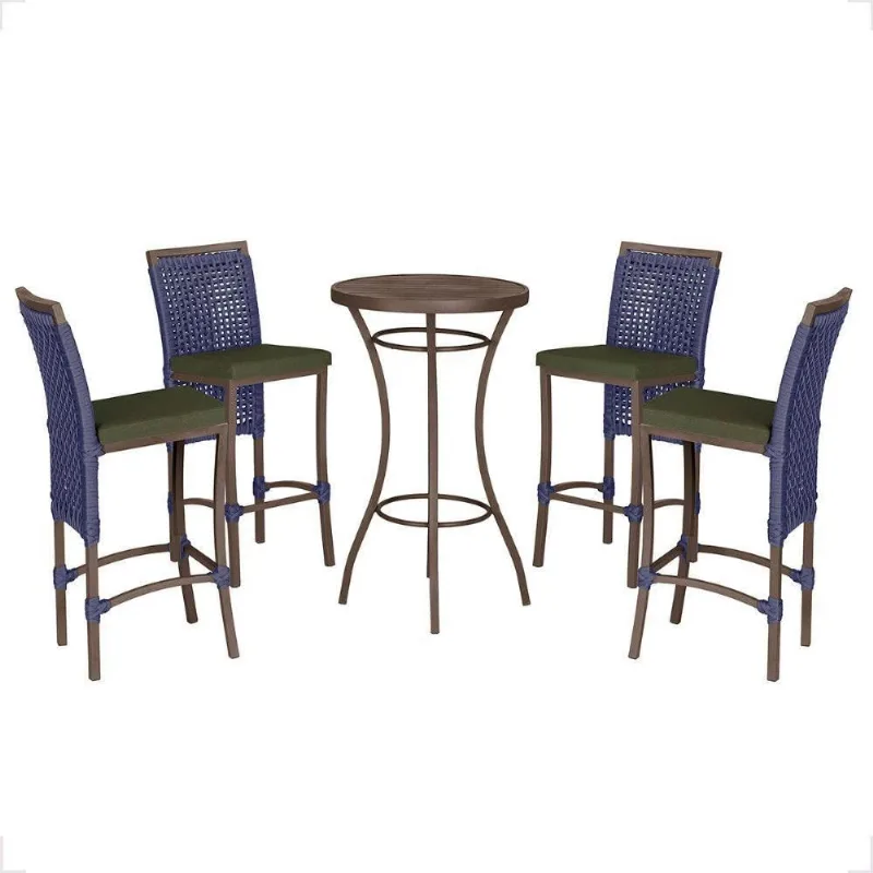 Mesa Bistro E 4 Banquetas Roma Marrom Corda Náutica 12 Azul - Trama