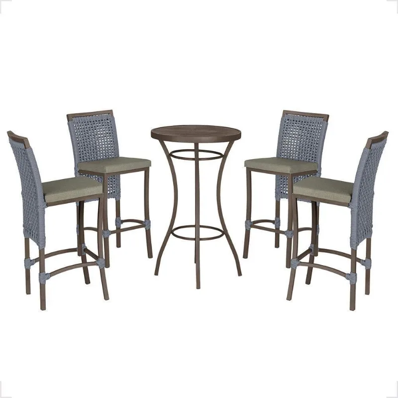 Mesa Bistrô E 4 Banquetas Roma Marrom Corda Estofado 8 Trama Prata - Trama