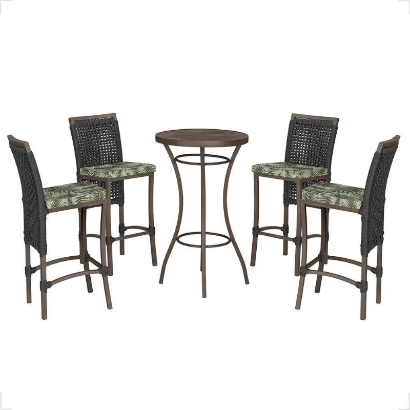 Mesa Bistrô E 4 Banquetas Roma Marrom Corda Estofado 5 Trama Preto - Trama