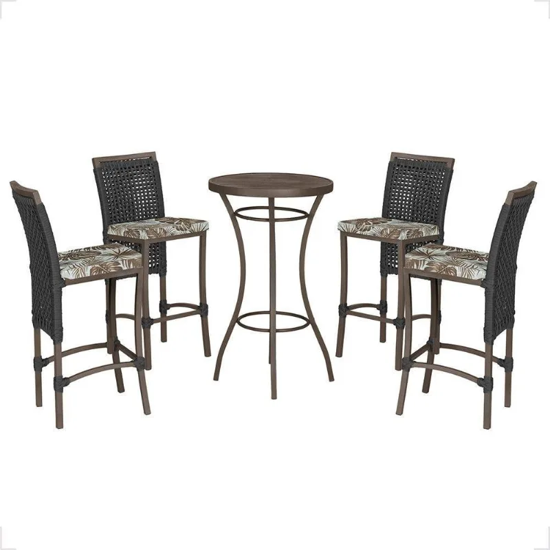 Mesa Bistrô E 4 Banquetas Roma Marrom Corda Estofado 6 Trama Preto - Trama