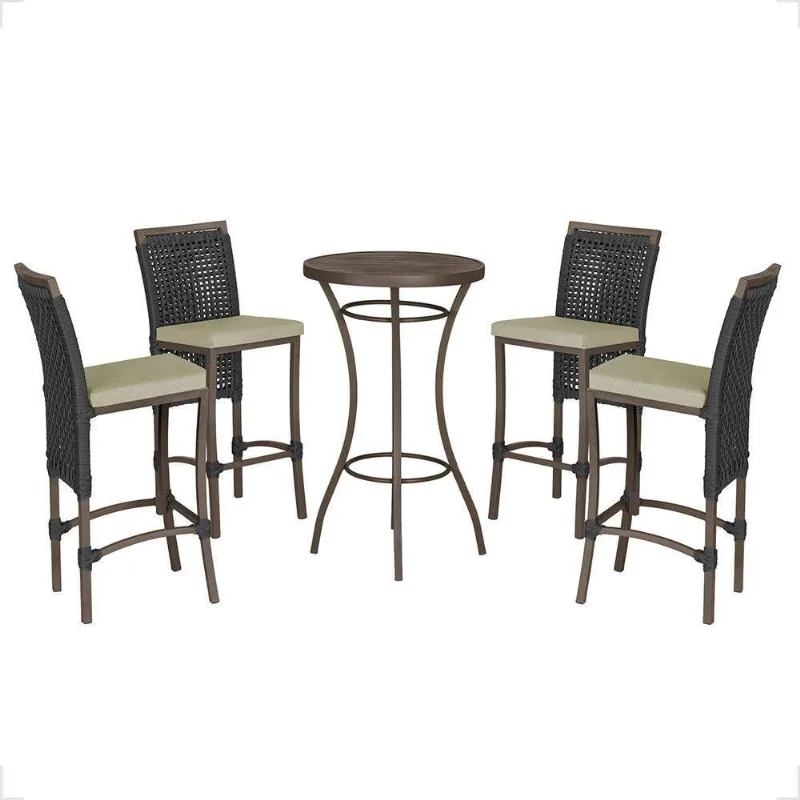 Mesa Bistrô E 4 Banquetas Roma Marrom Corda Estofado 7 Trama Preto - Trama