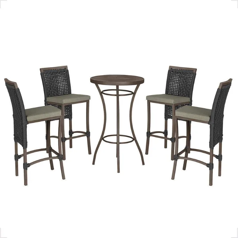 Mesa Bistrô E 4 Banquetas Roma Marrom Corda Estofado 8 Trama Preto - Trama