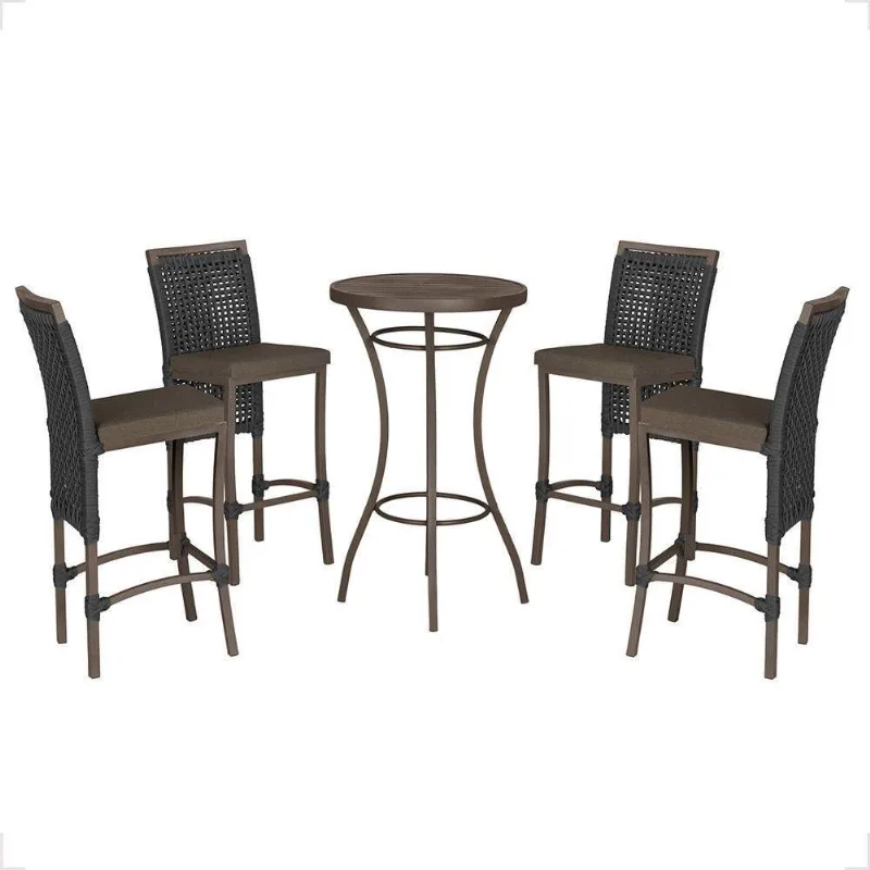 Mesa Bistrô E 4 Banquetas Roma Marrom Corda Estofado 9 Trama Preto - Trama