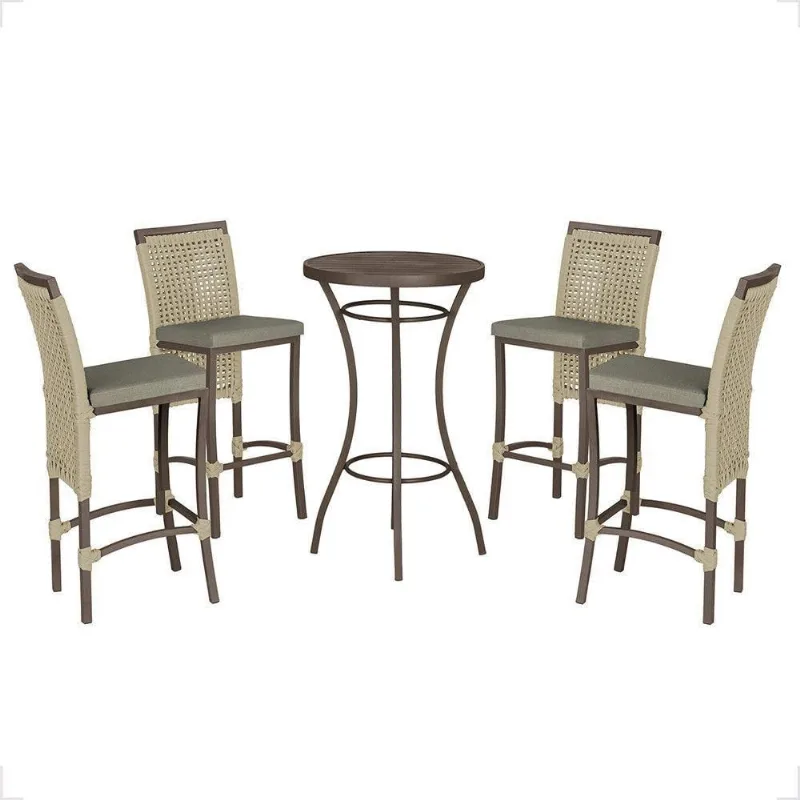 Mesa Bistrô E 4 Banquetas Roma Marrom Corda Estofado 8 Trama Rami - Trama