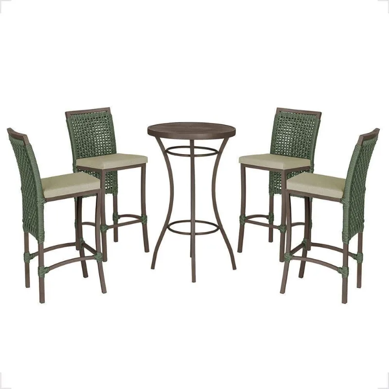 Mesa Bistrô E 4 Banquetas Roma Marrom Corda Estofado 7 Trama Verde