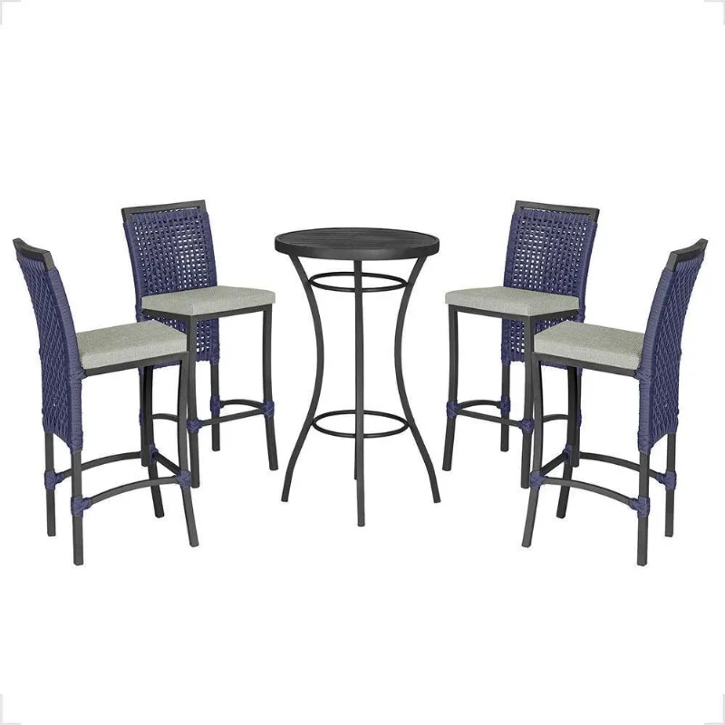 Mesa Bistrô Com 4 Banquetas Roma Preta Corda Náutica 3 Trama Azul - Trama
