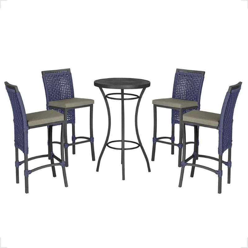 Mesa Bistrô E 4 Banquetas Roma Preta Corda Estofado 8 Trama Azul - Trama