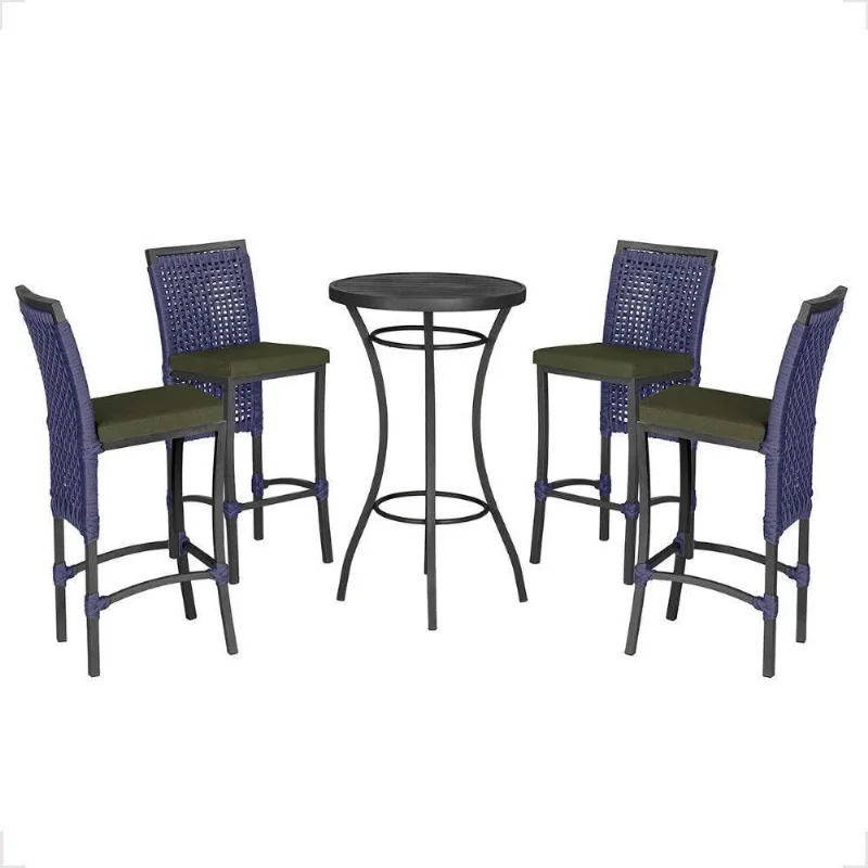 Mesa Bistro E 4 Banquetas Roma Preta Corda Náutica 12 Azul