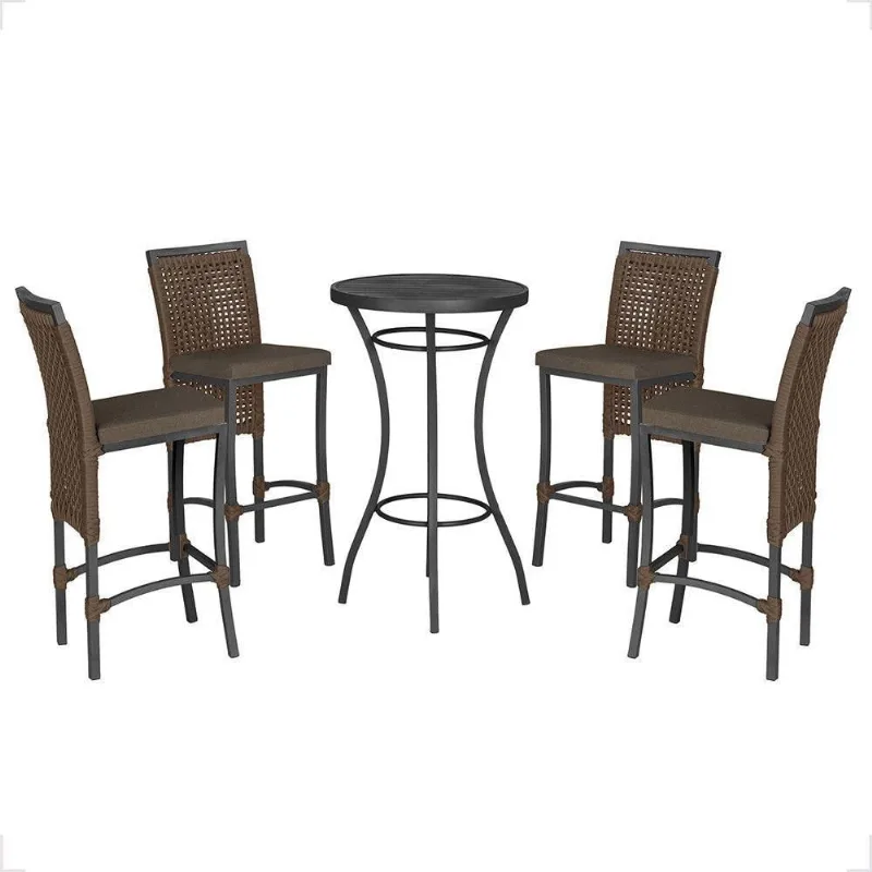 Mesa Bistrô E 4 Banquetas Roma Preta Corda Estofado 9 Trama Marrom - Trama