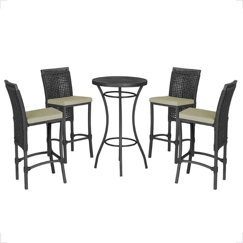 Mesa Bistrô E 4 Banquetas Roma Preta, Corda Estofado 7 Trama Preto