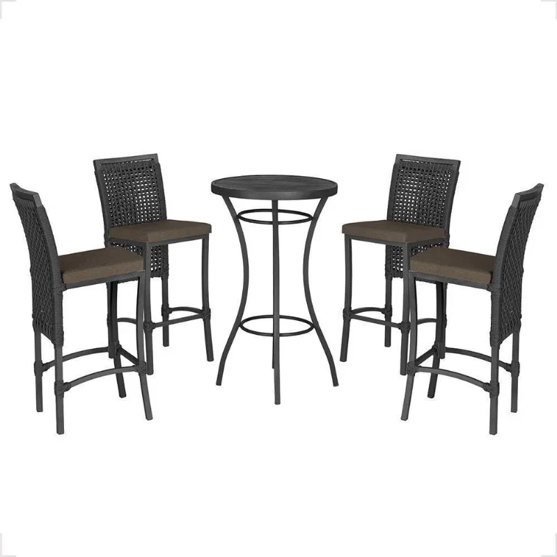Mesa Bistrô E 4 Banquetas Roma Preta Corda Estofado 9 Trama Preto
